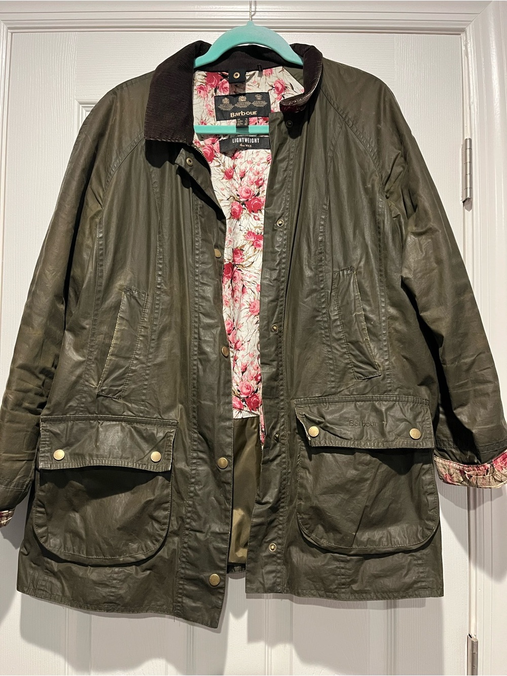 Barbour Olive Green Waxed Utility Jacket with Floral Lining - Women's